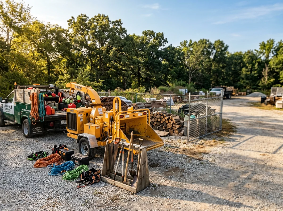 Landscaping crew with equipment and tools ready for outdoor work projects.