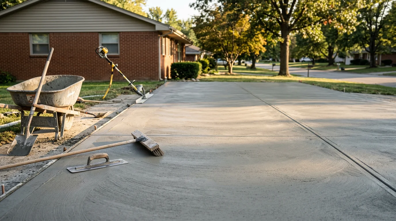 Freshly poured and finished concrete driveway at a residential home