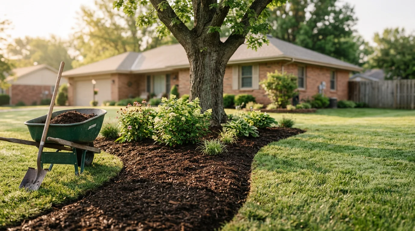 Newly installed landscape bed with mulch and plantings around a residential home