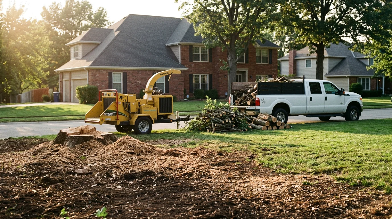 Professional arborist removing a large tree with safety equipment