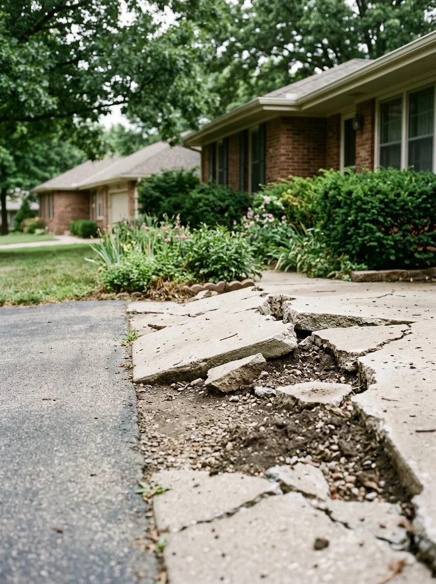Cracked and heaved concrete driveway on a Blue Springs, MO residential property showing clay soil movement damage, with overgrown foundation shrubs along the home's front.