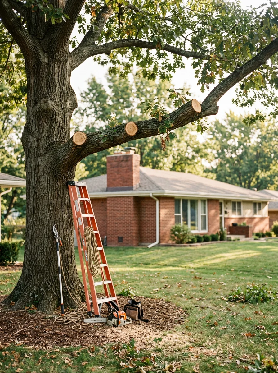 Close-up of a mature oak tree being trimmed by a tree service crew in an established Lee's Summit, MO neighborhood, with a mid-century ranch home visible behind the tree.