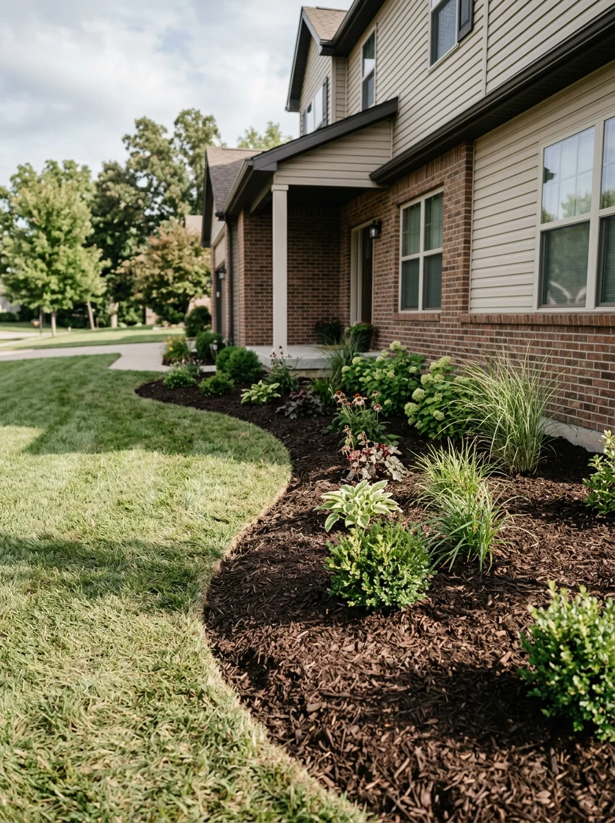 Freshly installed landscaping bed along the front of a newer subdivision home in Pleasant Hill, MO, with mulched planting areas and trimmed lawn edges.