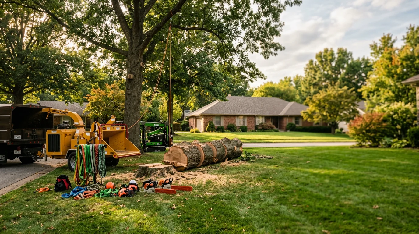 Tree service crew removing a large oak tree from a quarter-acre residential lot in Pleasant Hill, Missouri, with a ranch-style home visible in the background.