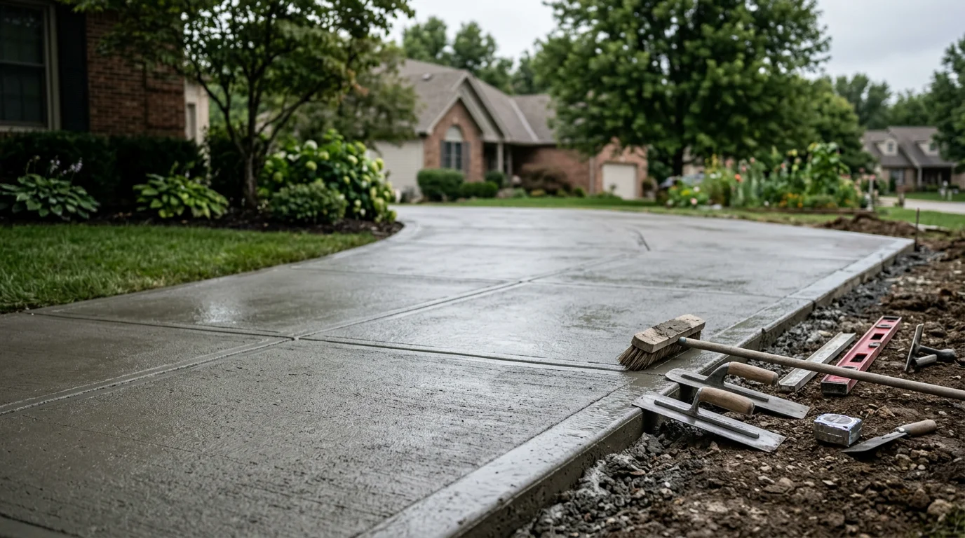 Freshly poured and finished concrete driveway at a residential property in Pleasant Hill, Missouri. The smooth gray slab runs from the street to the garage with clean edges and visible control joints.