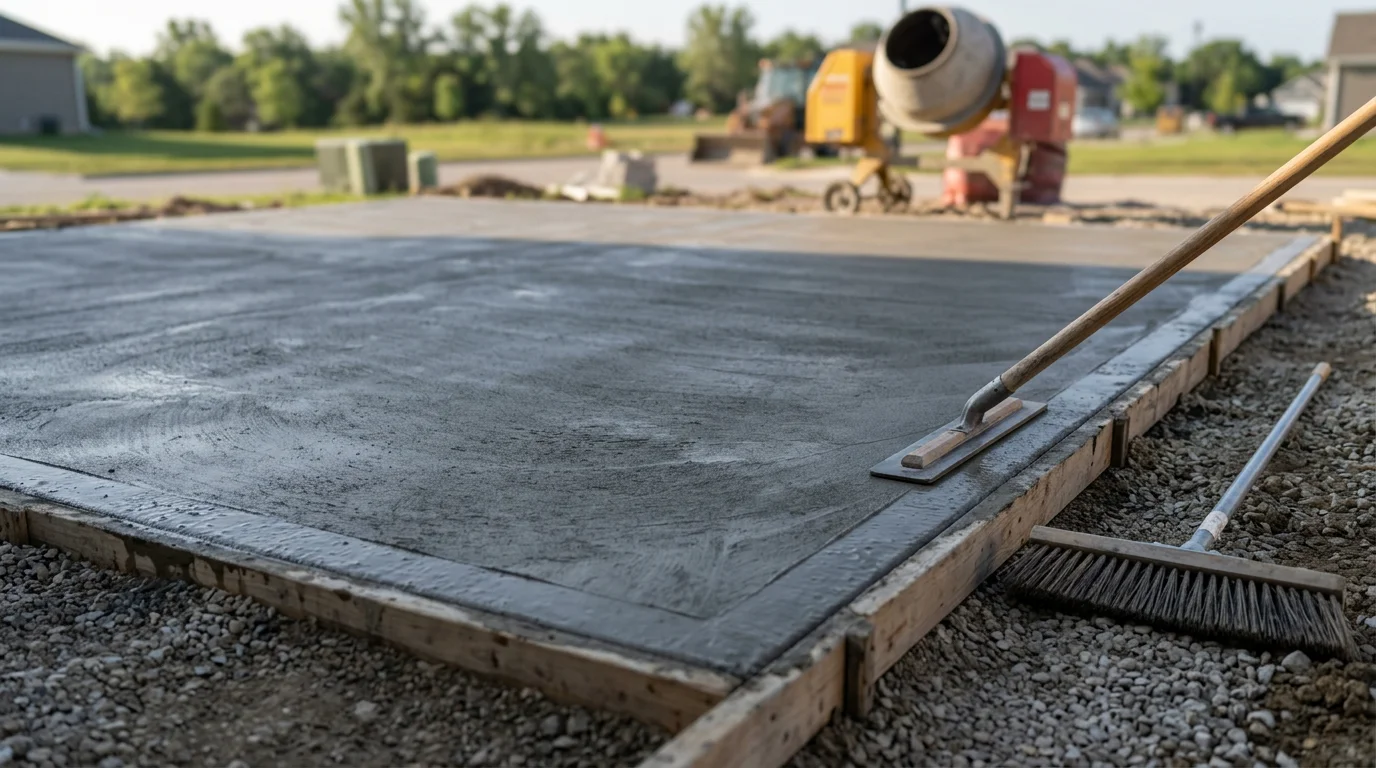 A freshly finished concrete slab with a smooth broom texture in a Pleasant Hill, Missouri residential setting. A contractor works the surface with a finishing tool as the slab begins to set.