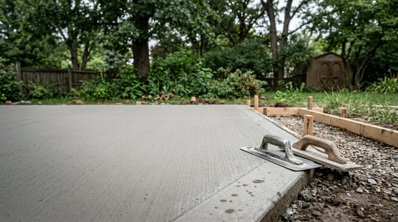 A freshly poured and finished concrete patio in a Pleasant Hill, Missouri backyard, showing a smooth broom-finish slab with clean edges and proper slope away from the home's foundation.