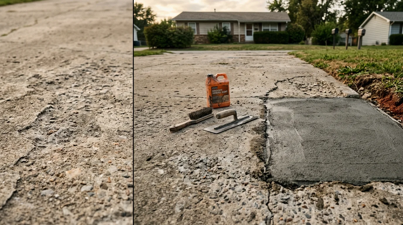 Repaired residential concrete slab in Pleasant Hill, Missouri showing filled cracks and restored surface on a home driveway. Close-up view of patched concrete with smooth finish against weathered surrounding slab.