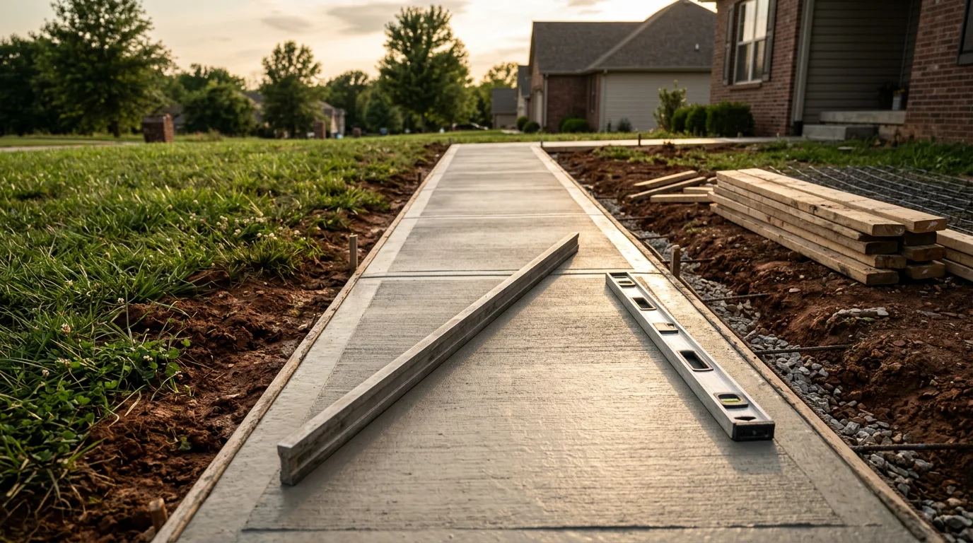 Freshly poured concrete walkway leading to the front entry of a residential home in Pleasant Hill, Missouri. The path shows a smooth finish with control joints and clean form edges against a green lawn.