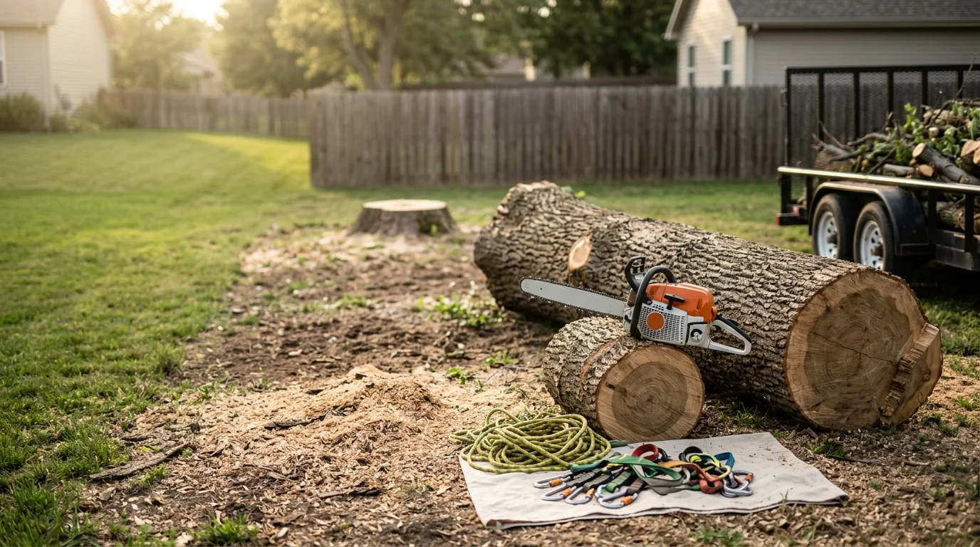 A large dead tree being removed in sections in a Pleasant Hill, Missouri residential backyard. The surrounding lawn and fence are intact, and debris is staged for hauling away.