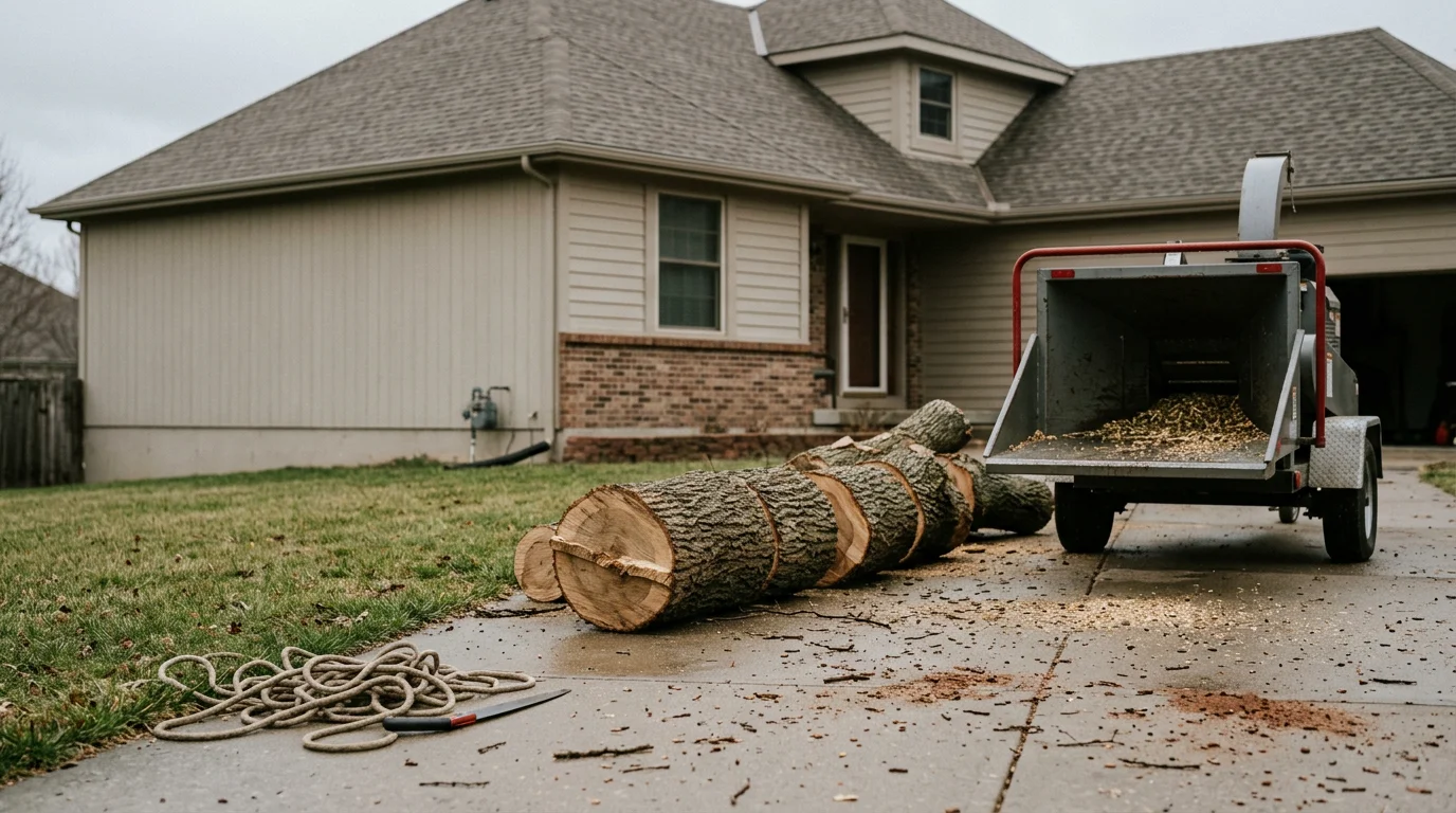 A large storm-damaged tree removed from a residential property in Pleasant Hill, Missouri, with the cleared yard and intact home visible in the background. Sections of the felled trunk are stacked near the curb after emergency tree removal service.