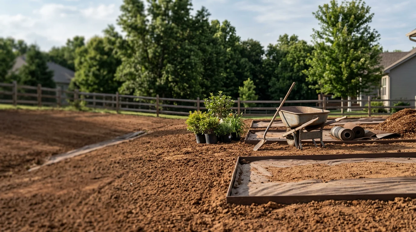 Freshly installed landscape beds along the front of a residential home in Pleasant Hill, Missouri, with plants set into prepared soil and clean edging along the border. Ground is graded and settled with no pooling near the foundation.
