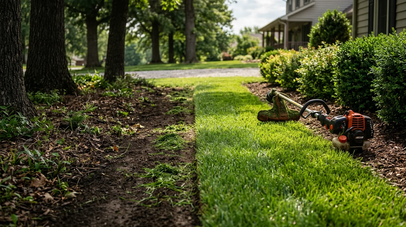 A neatly mowed and edged residential lawn in Pleasant Hill, Missouri, with trimmed shrubs and clean planting bed borders maintained by Riffle Landscaping & Tree Service. The yard shows defined edges along the turf and weed-free beds under a clear Midwestern sky.