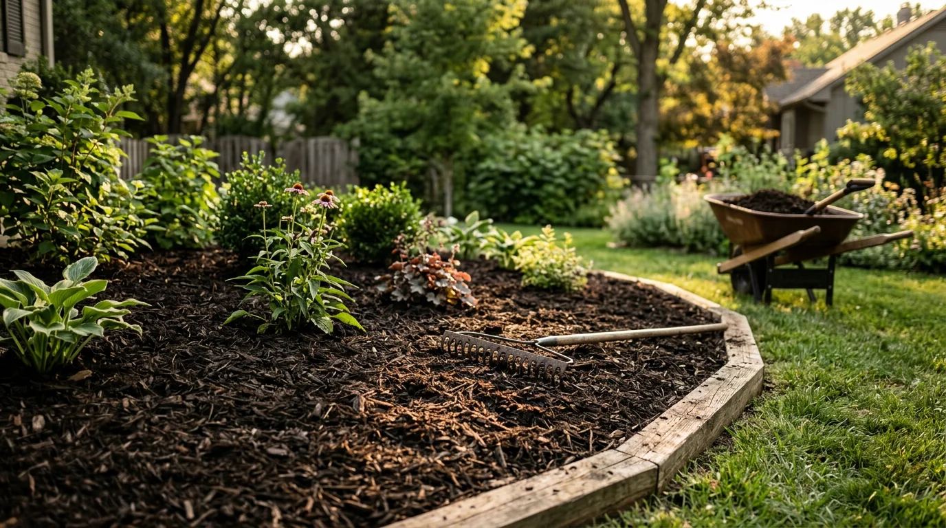 Freshly installed dark mulch covering a curved planting bed around shrubs and trees at a Pleasant Hill, Missouri residential property. Cleanly edged beds show even mulch depth with no bare soil visible.