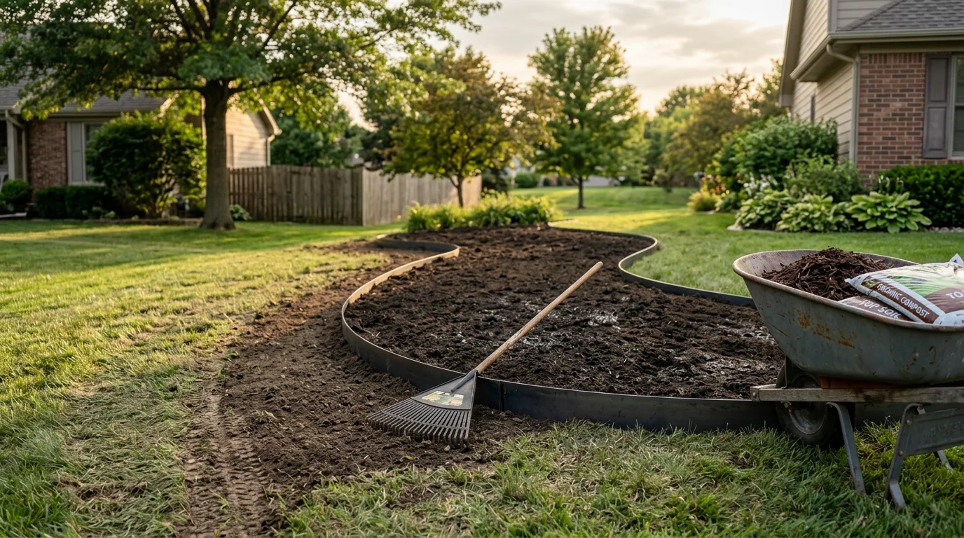 A freshly installed planting bed with clean edging along a residential home in Pleasant Hill, Missouri. The bed shows graded soil and defined borders ready for plants.