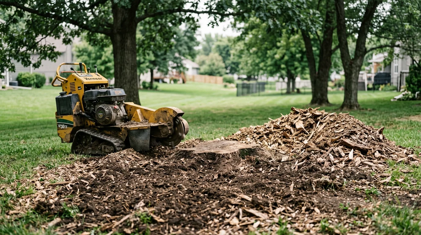 A freshly ground tree stump in a Pleasant Hill, MO residential backyard, with wood chip mulch spread across the cleared area and surrounding lawn visible.