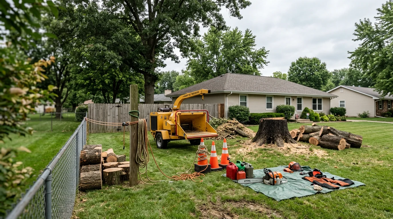 A large tree being removed in sections in a Pleasant Hill residential backyard, with cut limbs on the ground and a cleared yard visible in the background.