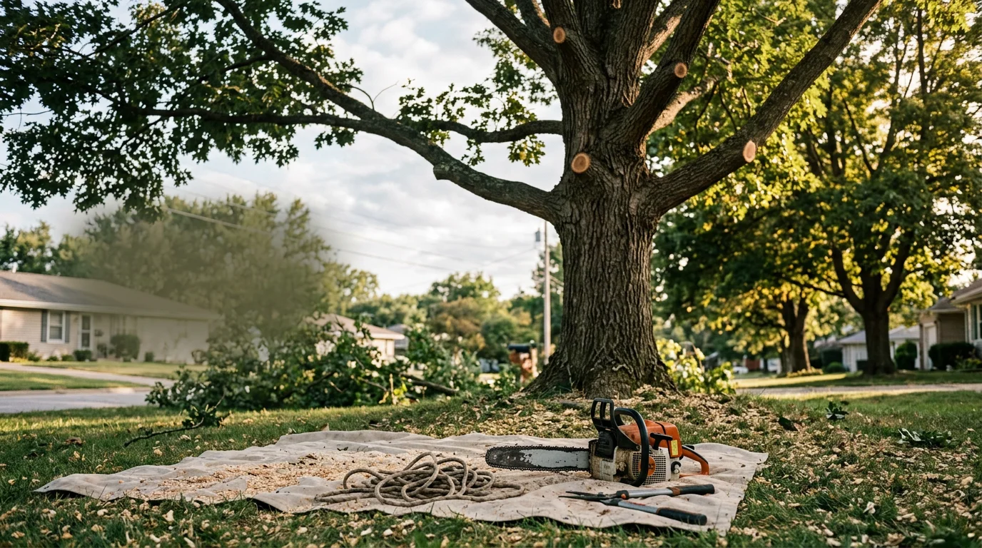 A tree service crew trimming the canopy of a mature oak tree in a residential yard in Pleasant Hill, Missouri. Freshly cut branches are visible on the ground near a well-maintained home.